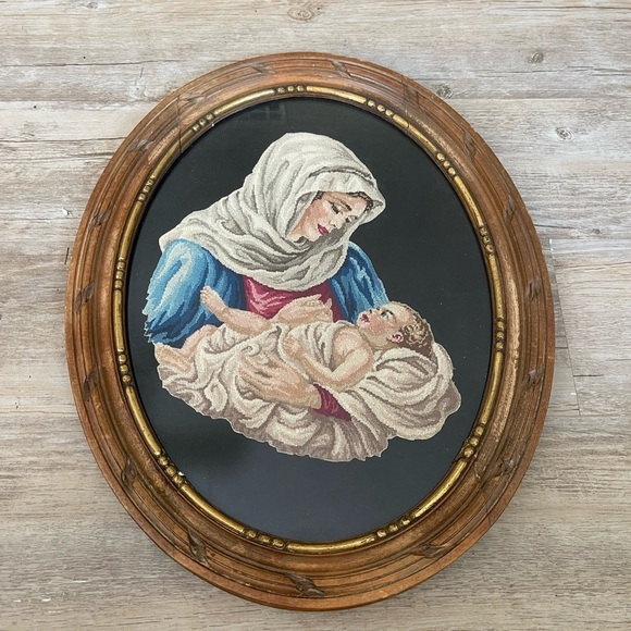 Other - Vintage Needlepoint Art Madonna and Child Framed Oval wood frame